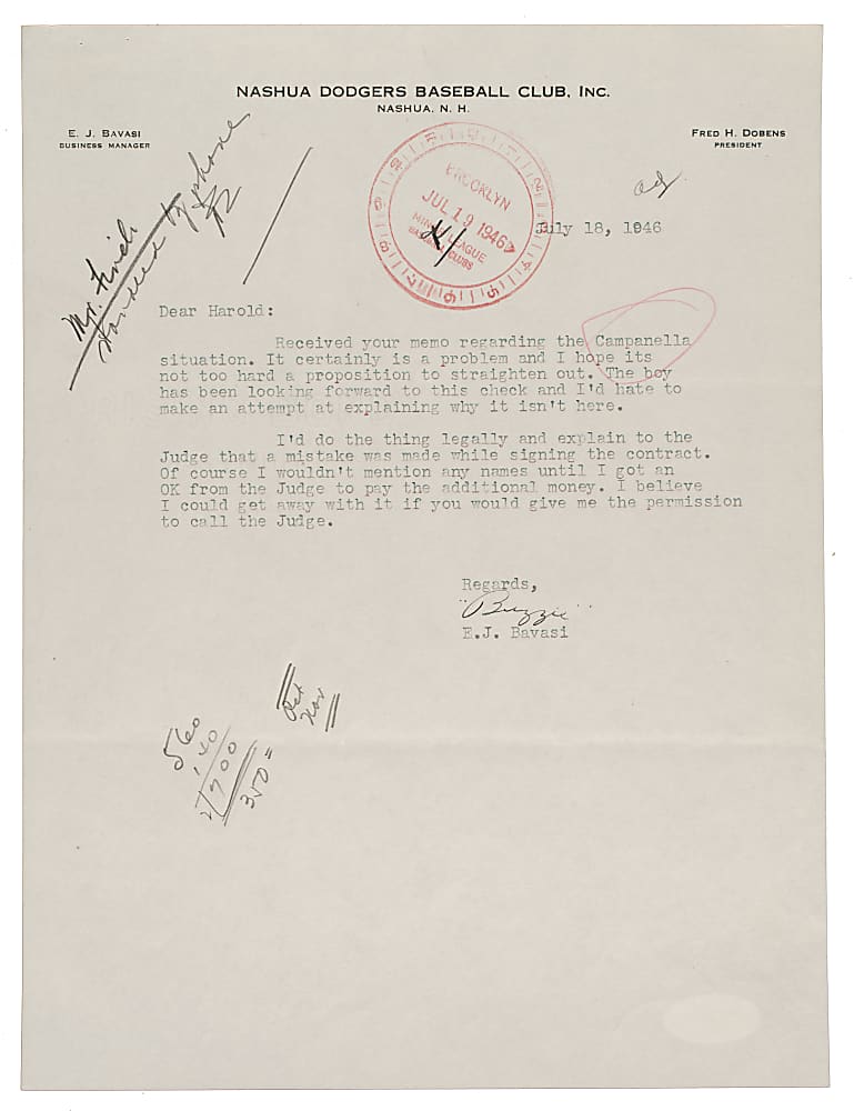1946 Buzzie Bavasi Signed Nashua Dodgers (Brooklyn Farm Team) Letter Regarding Roy Campanella - PSA/DNA