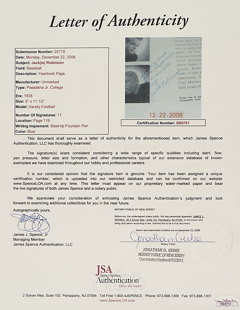 1938 Jackie Robinson Signed Pasadena Junior College Yearbook - JSA - Signed Four Times!