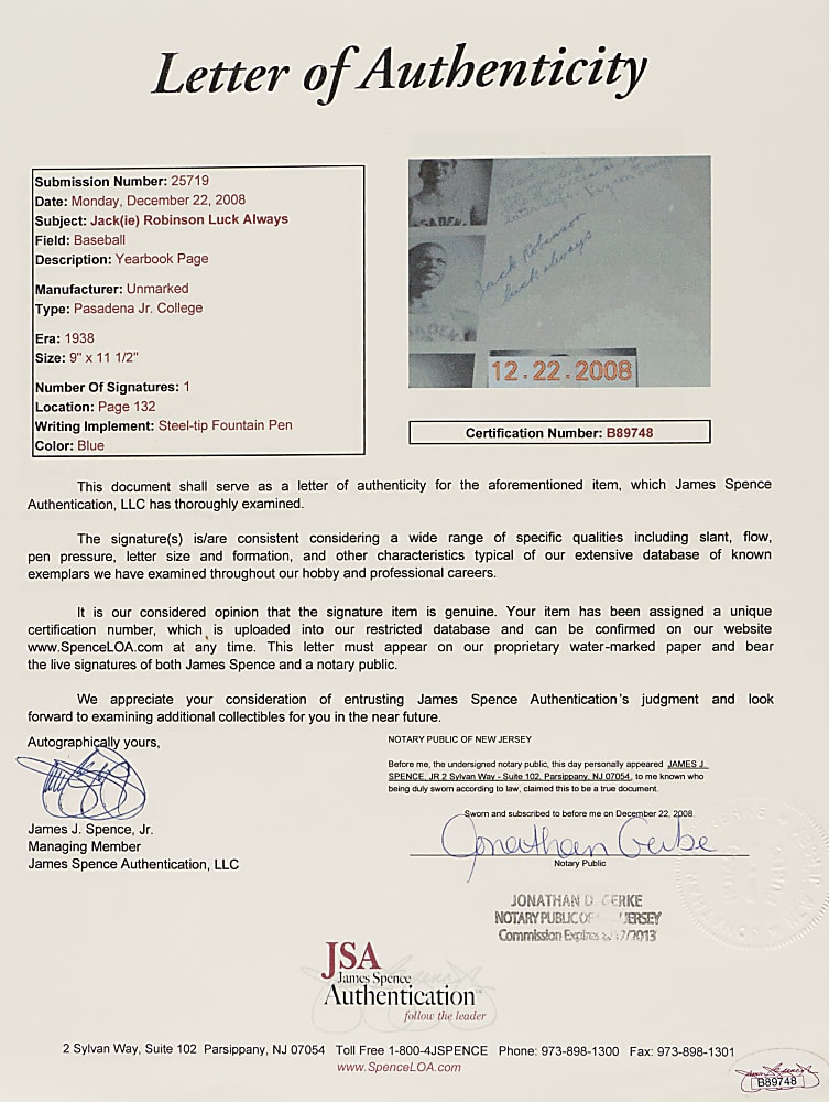 1938 Jackie Robinson Signed Pasadena Junior College Yearbook - JSA - Signed Four Times!