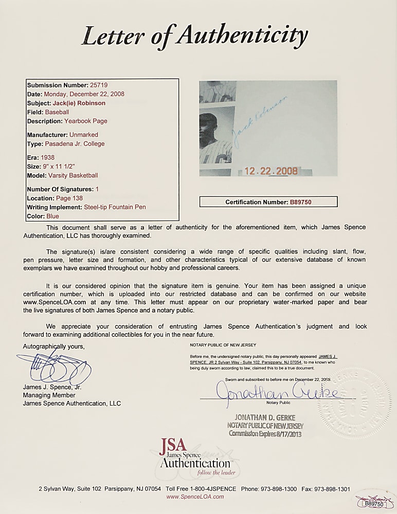 1938 Jackie Robinson Signed Pasadena Junior College Yearbook - JSA - Signed Four Times!