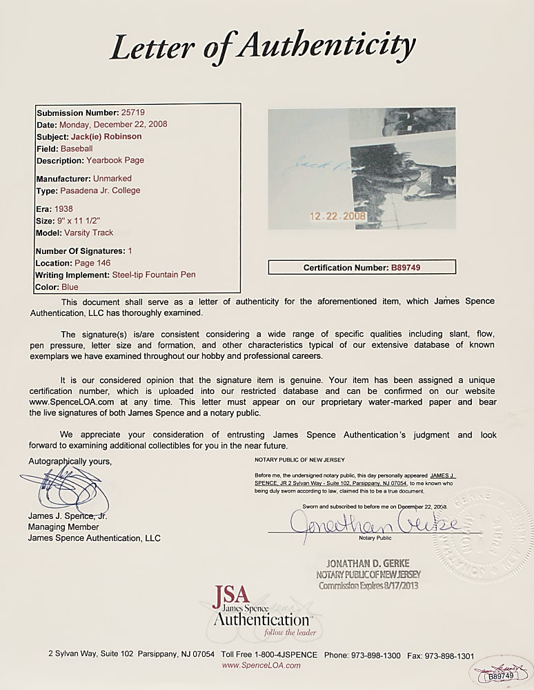 1938 Jackie Robinson Signed Pasadena Junior College Yearbook - JSA - Signed Four Times!