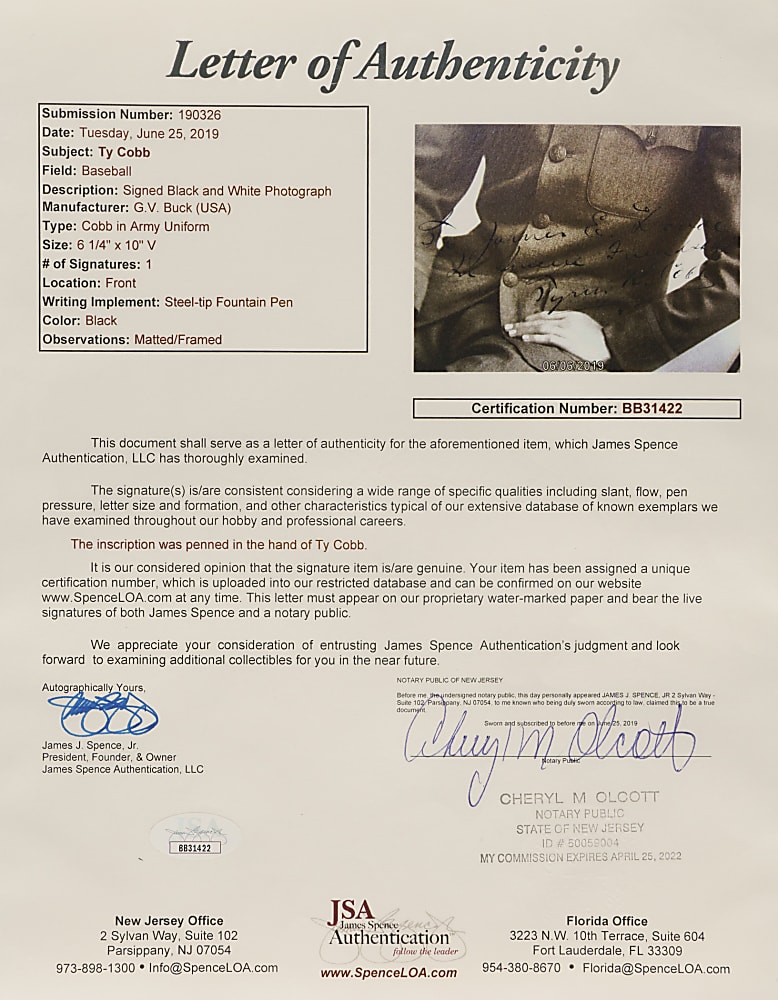 Ty Cobb Signed Photograph in Military Uniform - JSA