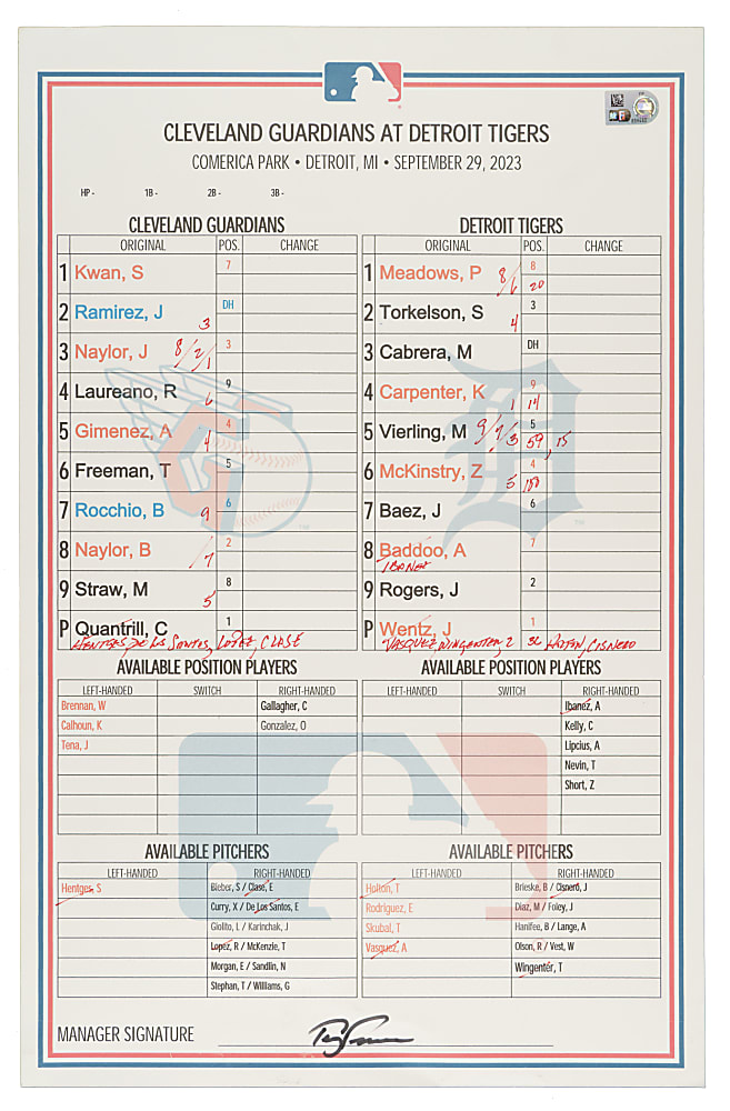 2023 Terry Francona Signed Game-Used Lineup Card - MLB - Last Win with Cleveland Guardians