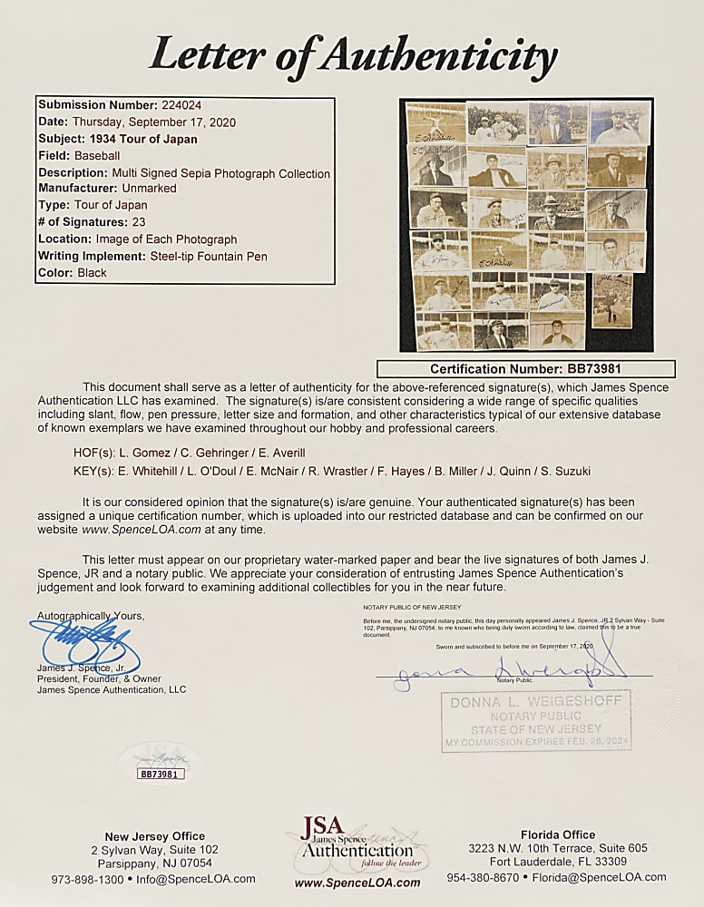 1934 Tour of Japan Signed Photograph Collection (23) Including Lefty Gomez and Charlie Gehringer - JSA