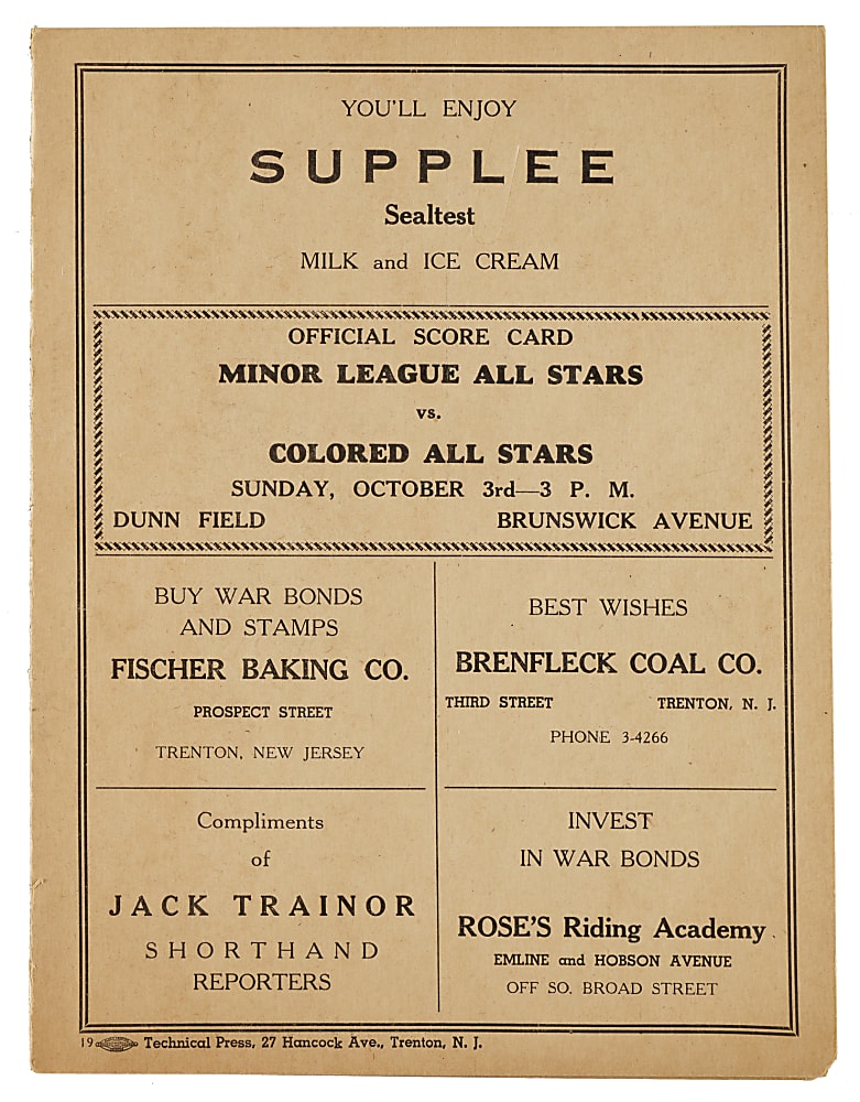 Circa 1940s "Minor League All Stars vs. Colored All Stars" Scorecard