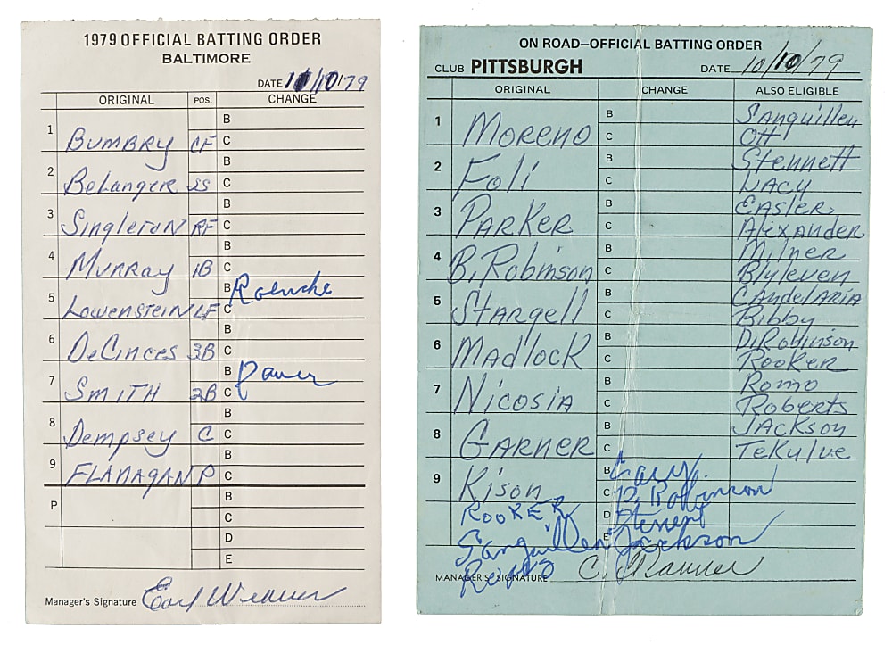 1979 World Series Game 1 Lineup Card Pair Signed by Earl Weaver and Chuck Tanner