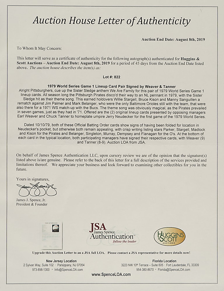 1979 World Series Game 1 Lineup Card Pair Signed by Earl Weaver and Chuck Tanner