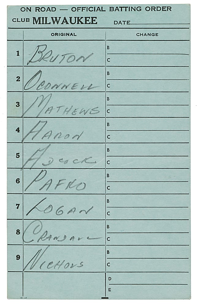 August 21, 1954 Milwaukee Braves Lineup Card with Hank Aaron Rookie