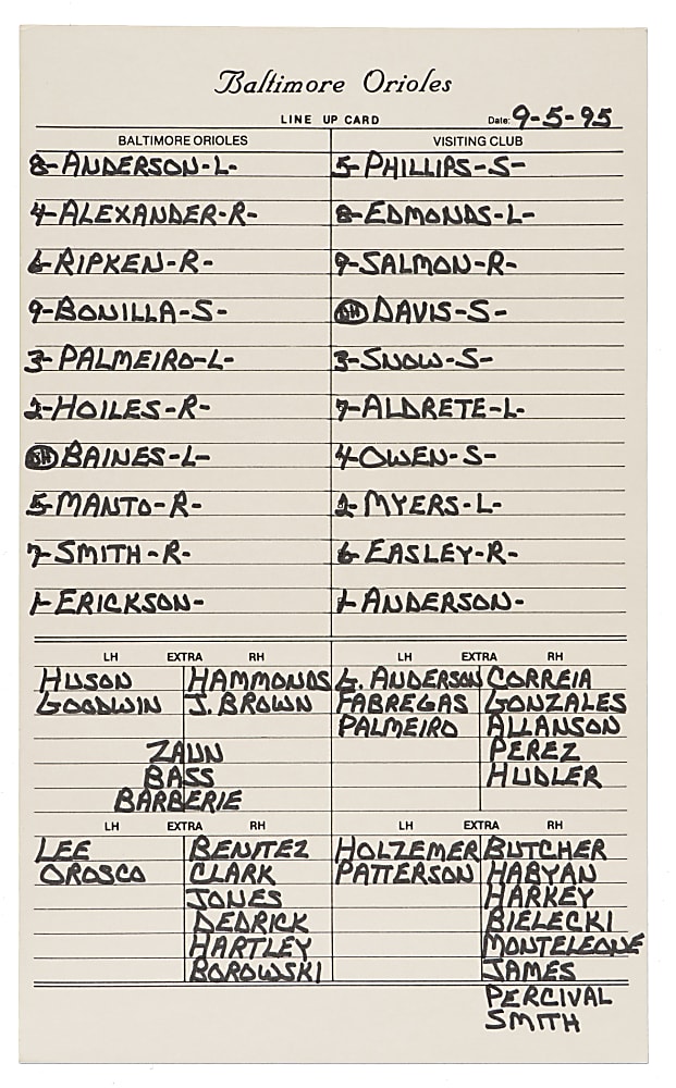 September 5, 1995 Baltimore Orioles (vs. California Angels) Lineup Card - Cal Ripken Jr. Ties Lou Gehrig's Record!