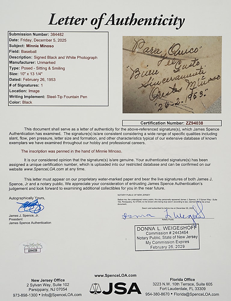 1953 Minnie Minoso Signed Oversized Studio Photograph - JSA