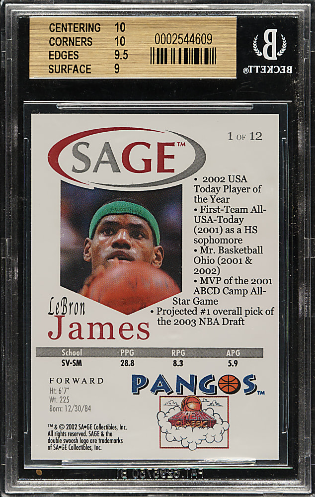 2002-2003 Sage Pangos Basketball #1 LeBron James Rookie BGS GEM MINT 9.5