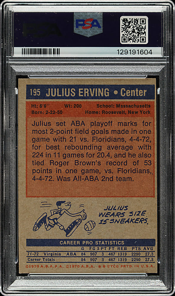 Signed 1972-1973 Topps Basketball #195 Julius Erving Rookie PSA EX-MT 6 with GEM MINT 10 Signature