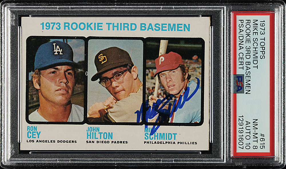 Signed 1973 Topps #615 Mike Schmidt Rookie PSA NM-MT 8 with GEM MINT 10 Signature