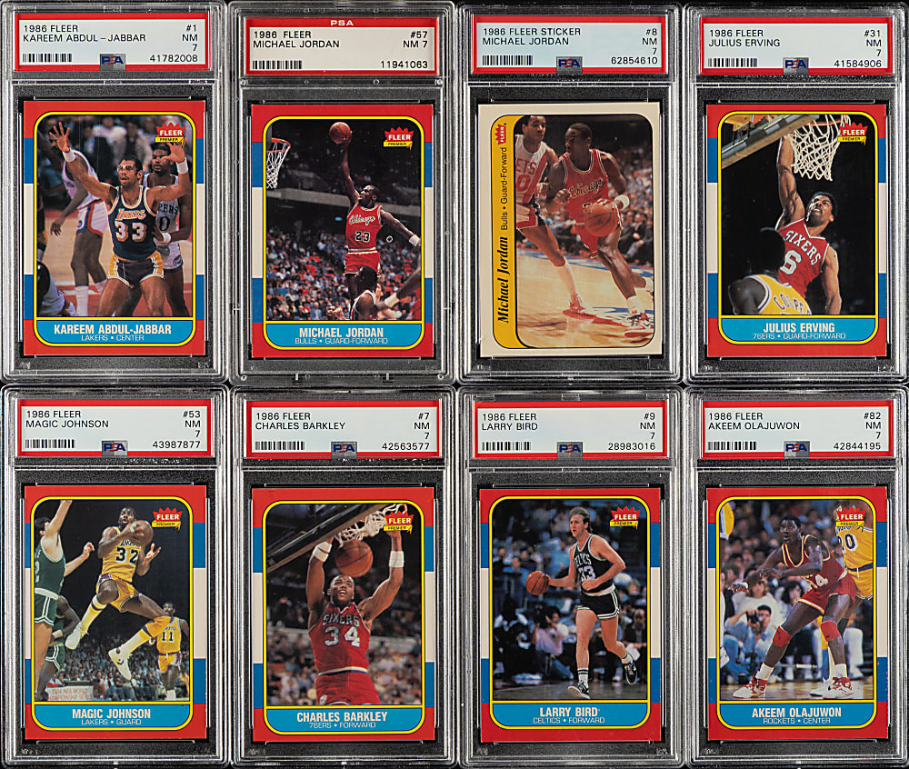 1986-1987 Fleer Basketball PSA NM 7 Complete Set (132) Including #57 Michael Jordan Rookie Plus Complete Sticker Set (11)