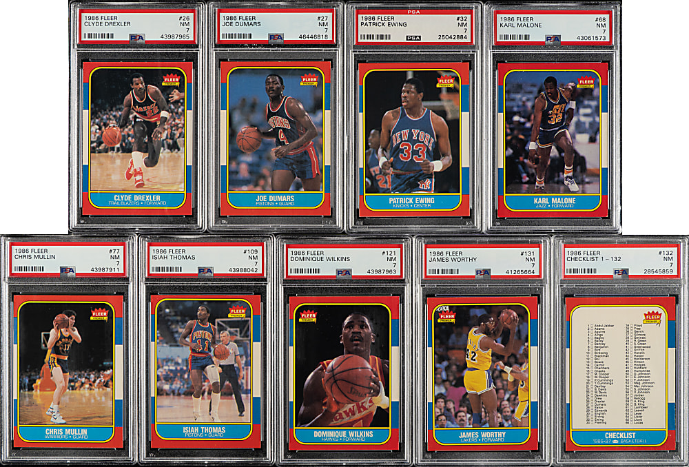 1986-1987 Fleer Basketball PSA NM 7 Complete Set (132) Including #57 Michael Jordan Rookie Plus Complete Sticker Set (11)