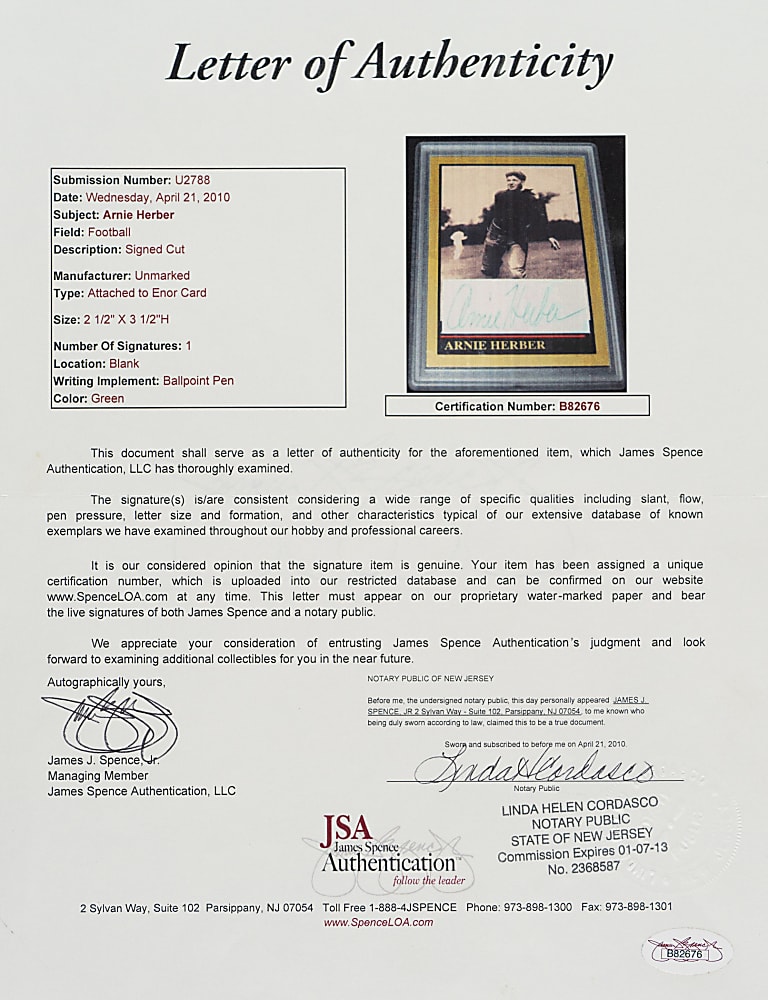 Arnie Herber Cut Signature - JSA