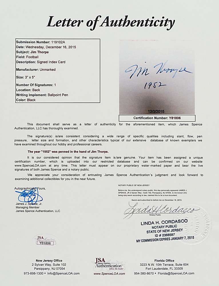 Jim Thorpe Signed Index Card - JSA