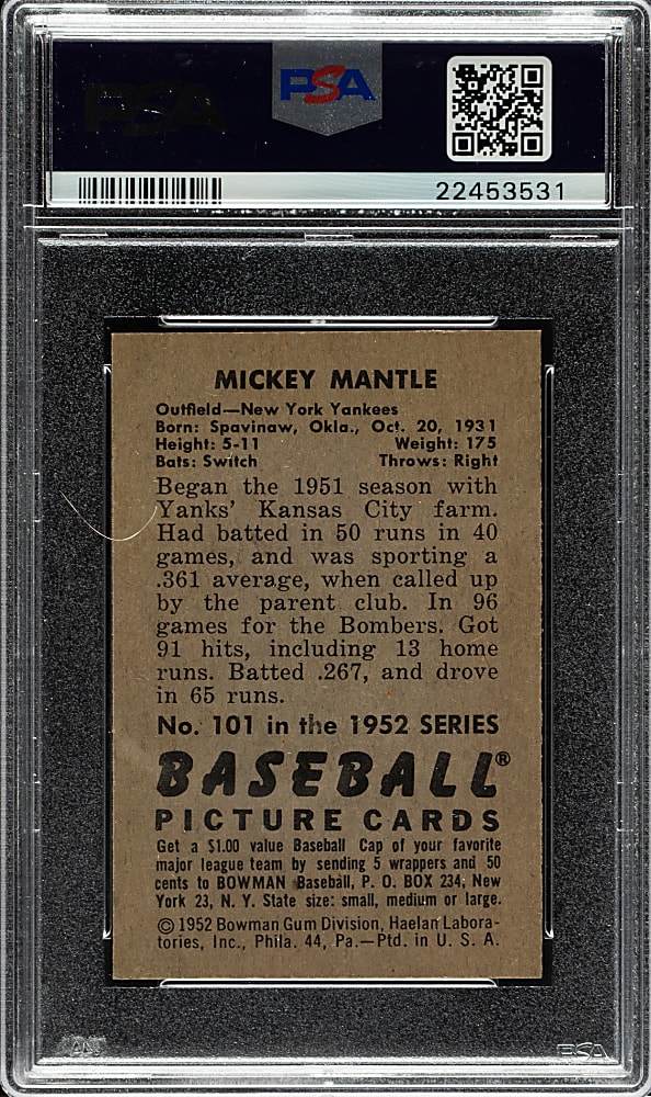 1952 Bowman #101 Mickey Mantle PSA NM-MT 8