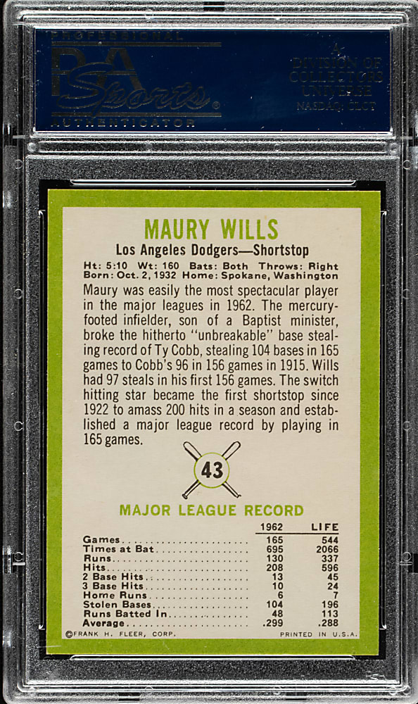 1963 Fleer #43 Maury Wills Rookie PSA GEM MINT 10