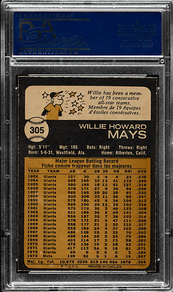 1973 O-Pee-Chee #305 Willie Mays PSA MINT 9