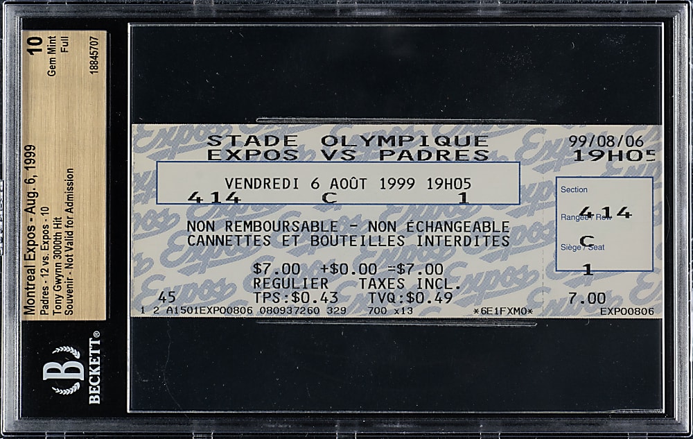 August 6, 1999 Montreal Expos (vs. San Diego Padres) Full Ticket BGS GEM MINT 10 - Tony Gwynn 3,000th Hit