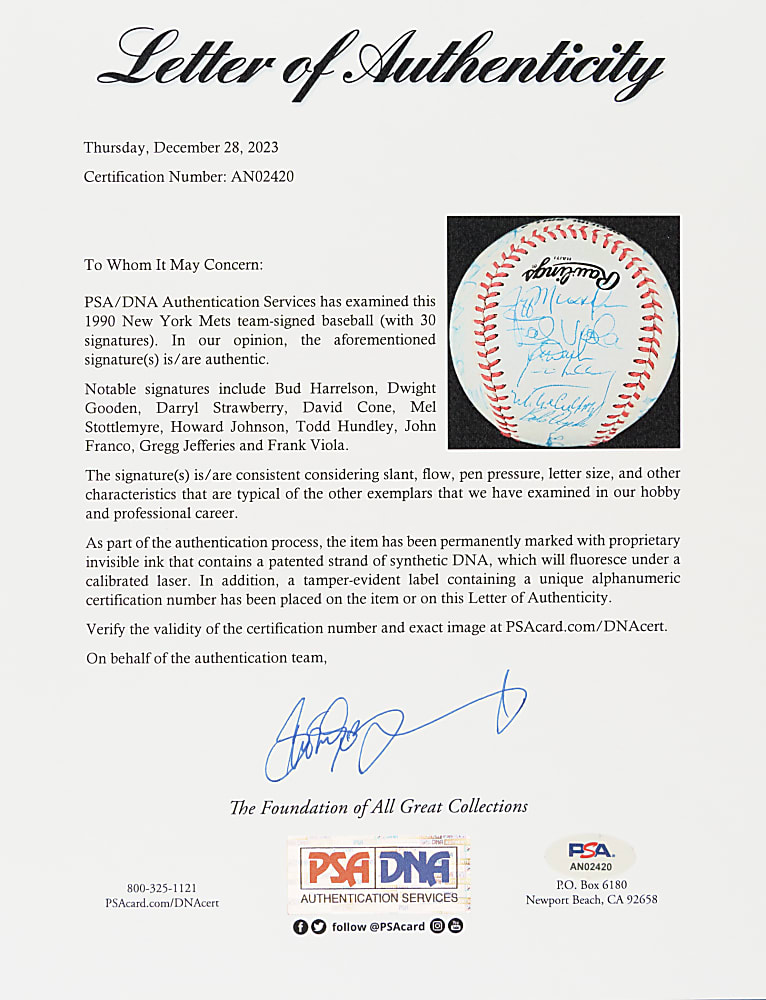1990 New York Mets Team-Signed Baseball with Darryl Strawberry, Dwight Gooden, and David Cone - PSA/DNA