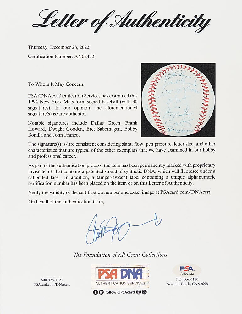 1994 New York Mets Team-Signed Baseball with Dwight Gooden and Bret Saberhagen - PSA/DNA