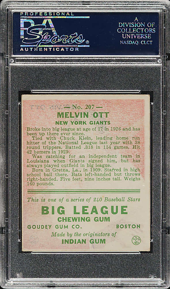 1933 R319 Goudey #207 Mel Ott PSA GOOD 2