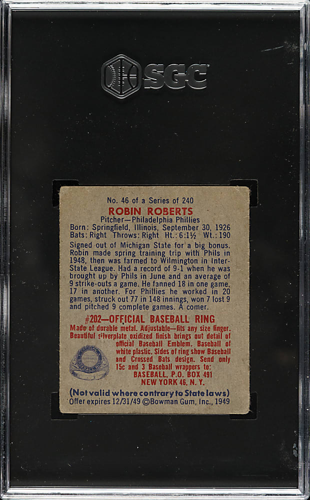 1949 Bowman #46 Robin Roberts Rookie SGC GOOD+ 2.5