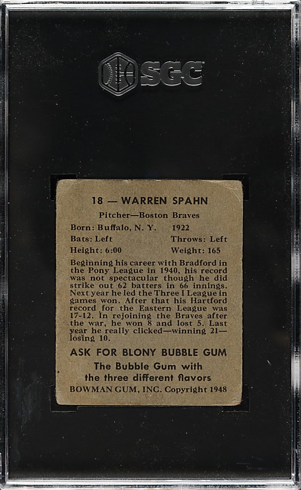 1948 Bowman #18 Warren Spahn Rookie SGC FAIR 1.5