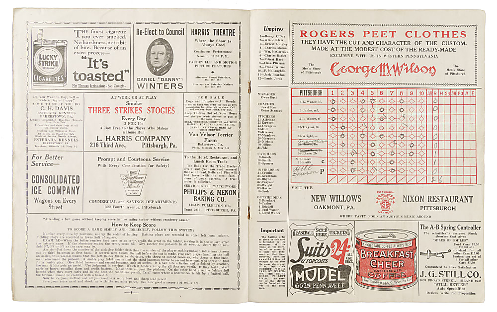 August 6, 1927 Pittsburgh Pirates (vs. New York Giants) Program with L. Waner, P. Waner, Ott, Traynor, and Hornsby in Lineup