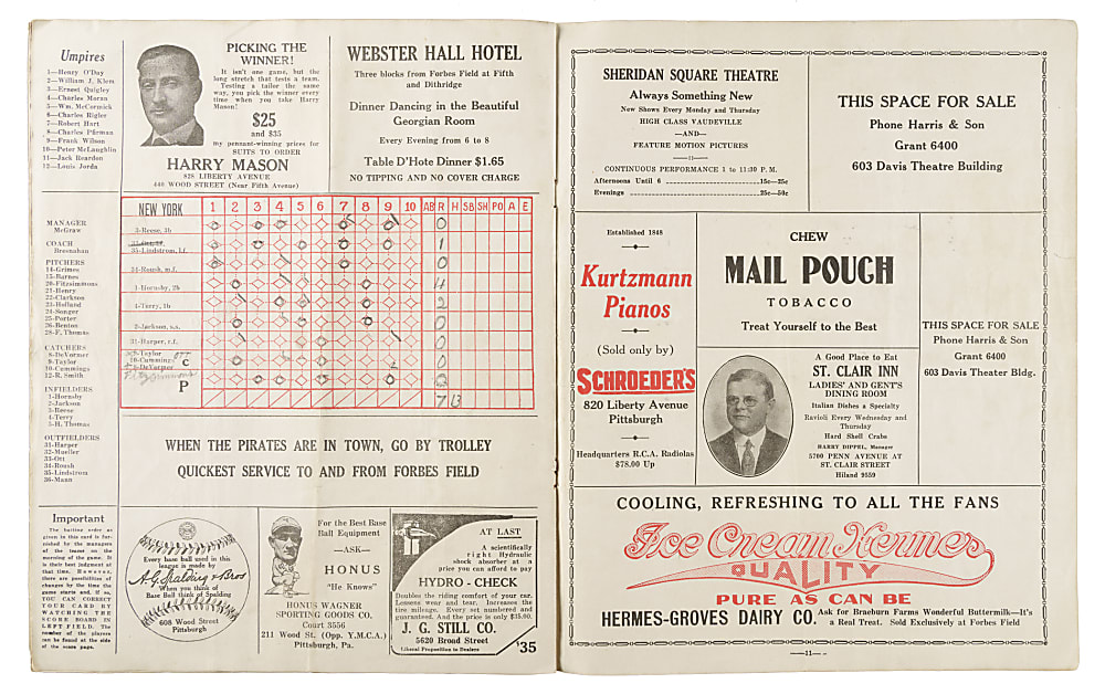 August 6, 1927 Pittsburgh Pirates (vs. New York Giants) Program with L. Waner, P. Waner, Ott, Traynor, and Hornsby in Lineup