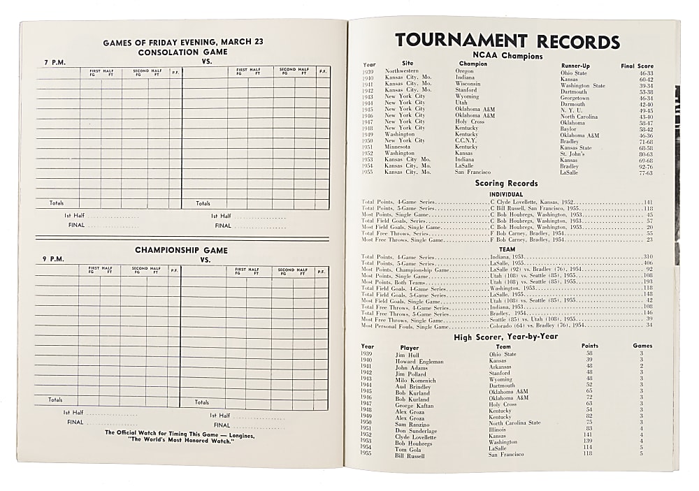 March 22-23, 1956 NCAA Basketball Championship Program with Bill Russell - Russell's Last College Game