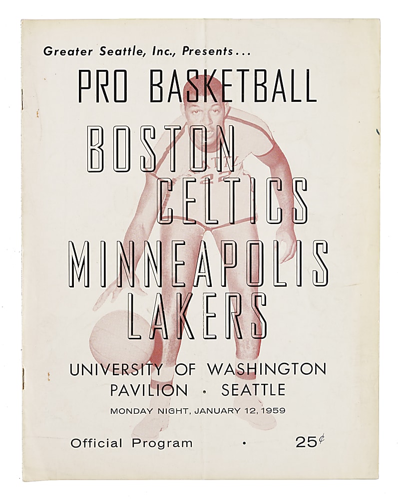 January 12, 1959 Boston Celtics vs Minneapolis Lakers Program with Russell, Bob Cousy, and Elgin Baylor