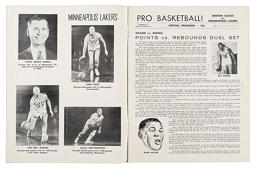 January 12, 1959 Boston Celtics vs Minneapolis Lakers Program with Russell, Bob Cousy, and Elgin Baylor