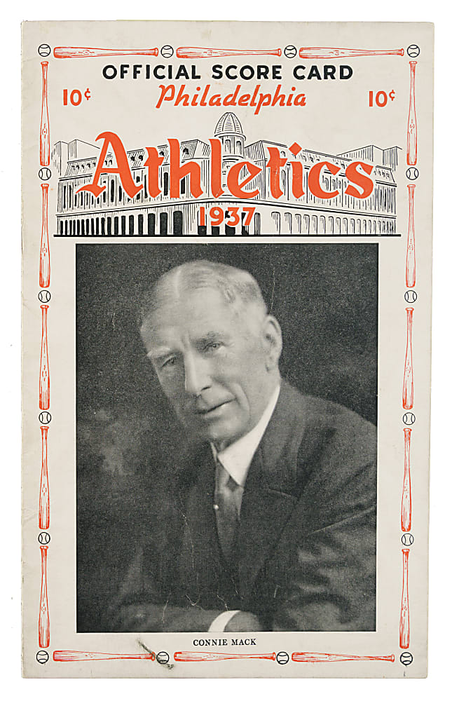 September 6, 1937 Philadelphia Athletics (vs. New York Yankees) Program with Lou Gehrig, Joe DiMaggio, and Connie Mack