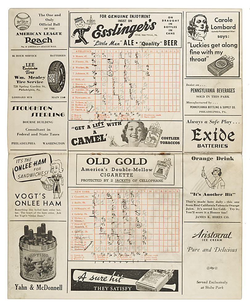 September 6, 1937 Philadelphia Athletics (vs. New York Yankees) Program with Lou Gehrig, Joe DiMaggio, and Connie Mack