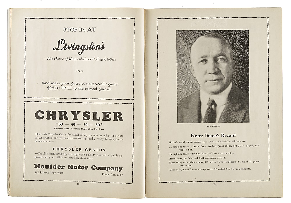 October 16, 1926 Notre Dame Fighting Irish (vs. Penn State Nittany Lions) Football Program