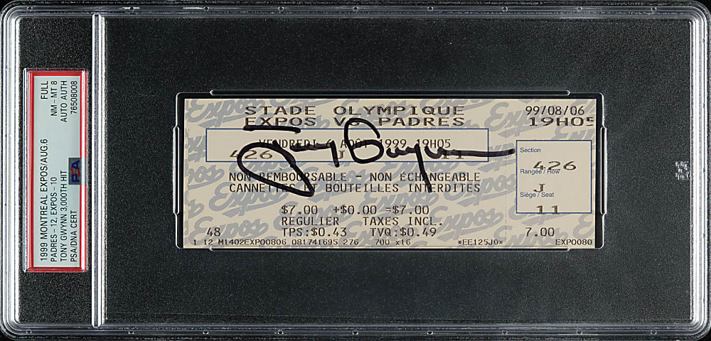 August 6, 1999 Montreal Expos (vs. San Diego Padres) Full Ticket Signed by Tony Gwynn PSA NM-MT 8 - Tony Gwynn 3,000th Hit