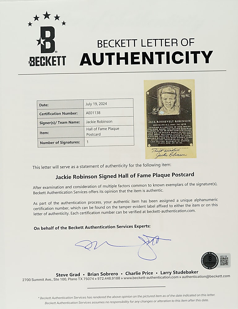 Signed 1956-1963 Artvue (Type 2) Black-and-White Hall of Fame Postcard Jackie Robinson - PSA/DNA and Beckett