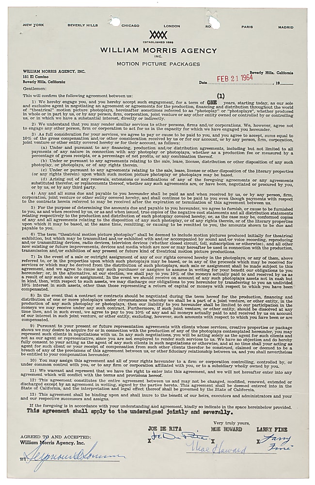 1964 Three Stooges Signed William Morris Agency Contract - PSA/DNA