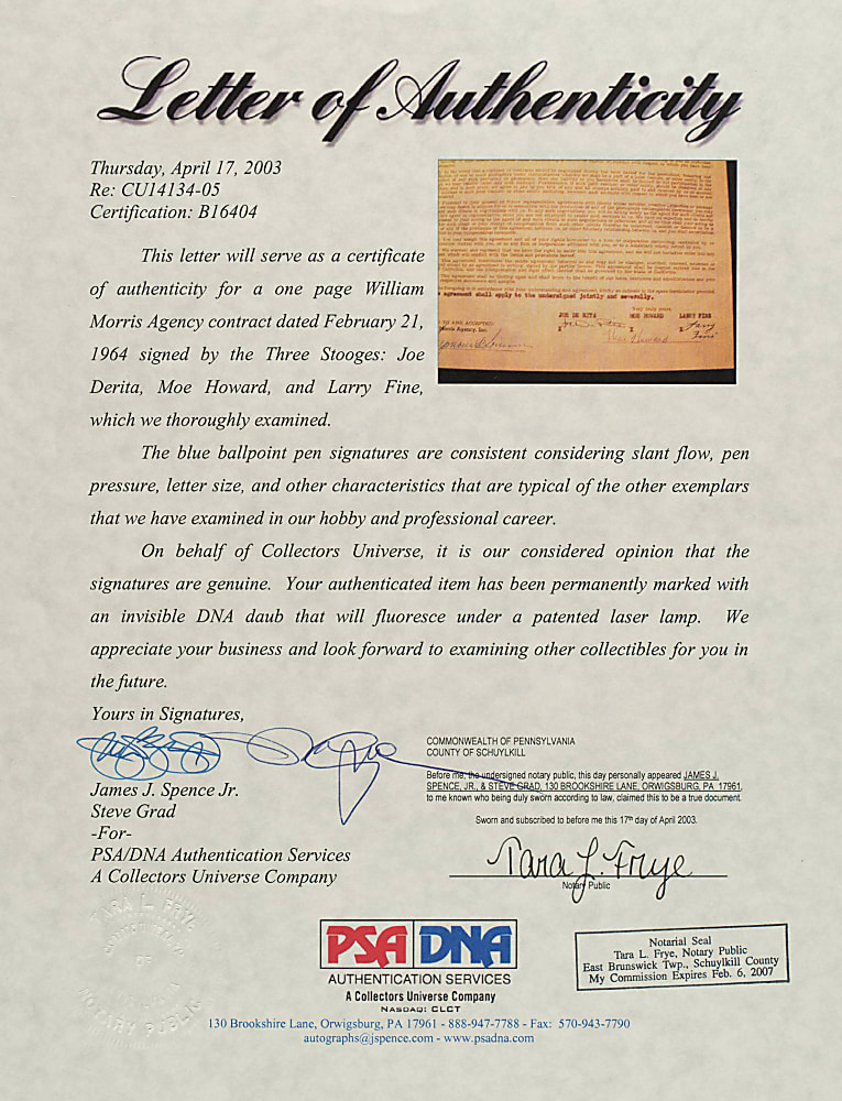 1964 Three Stooges Signed William Morris Agency Contract - PSA/DNA