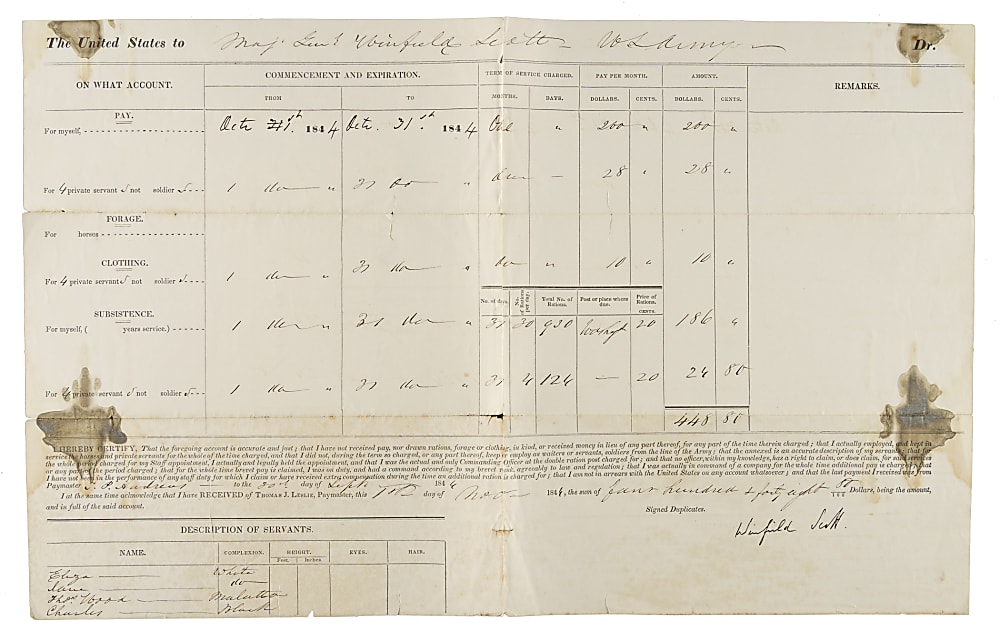 1844 Major General Winfield Scott Signed Document - JSA