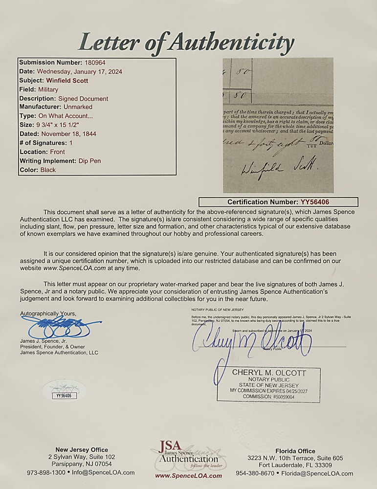 1844 Major General Winfield Scott Signed Document - JSA