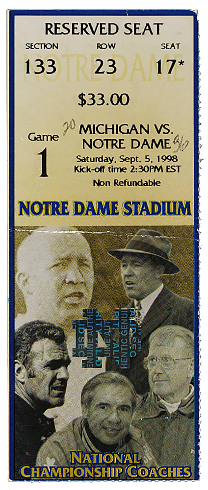 September 5, 1998 Notre Dame Fighting Irish (vs. Michigan Wolverines) Football Ticket Stub - Tom Brady First Collegiate Start
