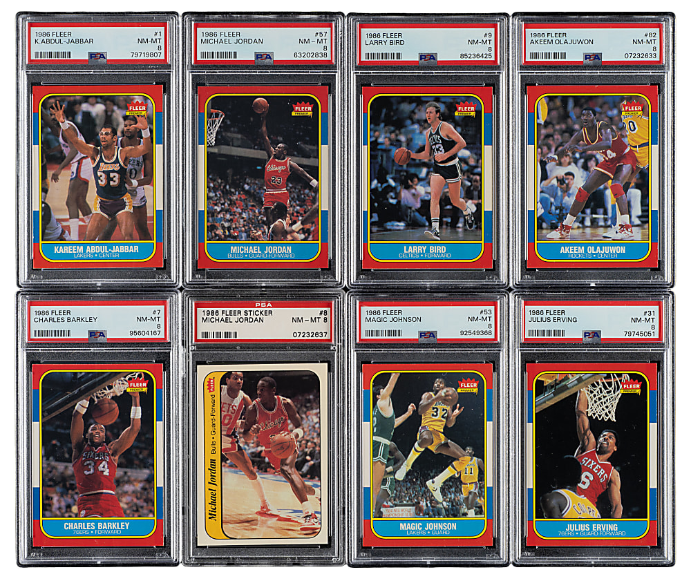 1986-1987 Fleer Basketball PSA NM-MT 8 Complete Set (132) Plus Complete Stickers Set (11)