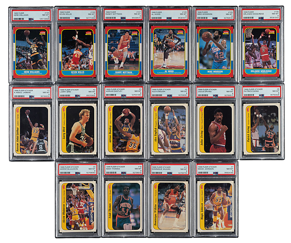 1986-1987 Fleer Basketball PSA NM-MT 8 Complete Set (132) Plus Complete Stickers Set (11)