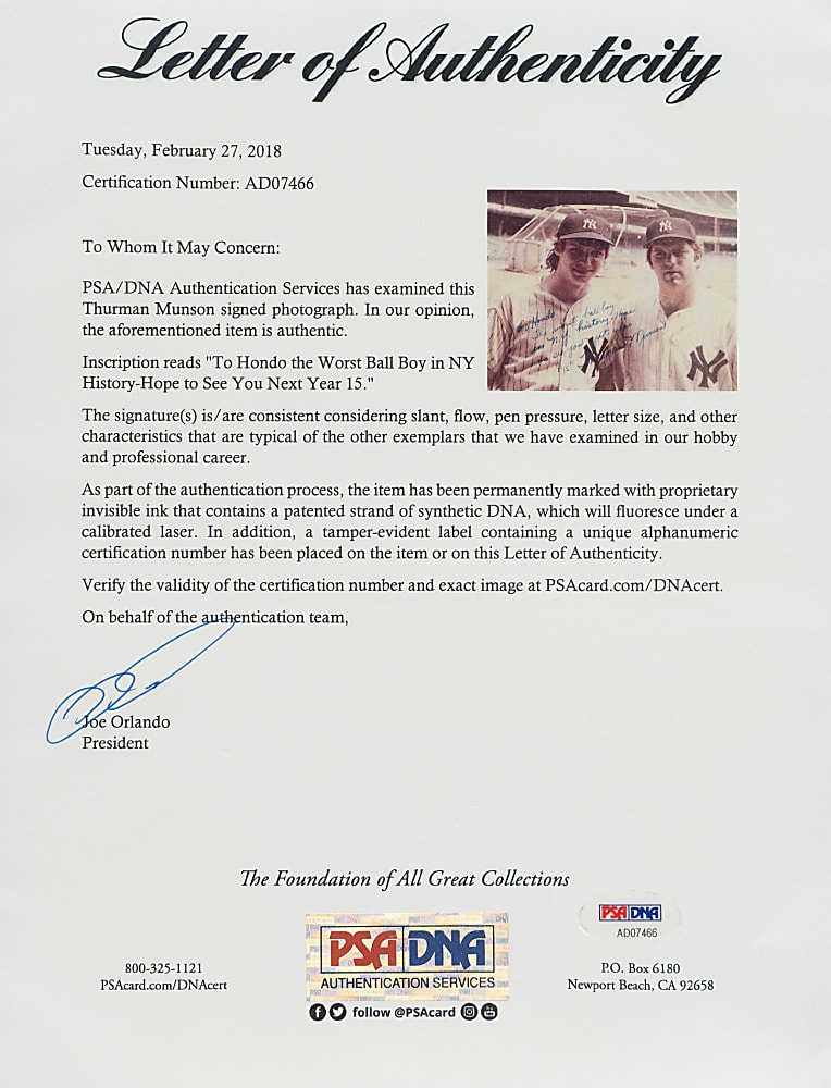 Thurman Munson Signed Photograph with #15 Notation and Outstanding Provenance - PSA/DNA GEM MINT 10 and Beckett