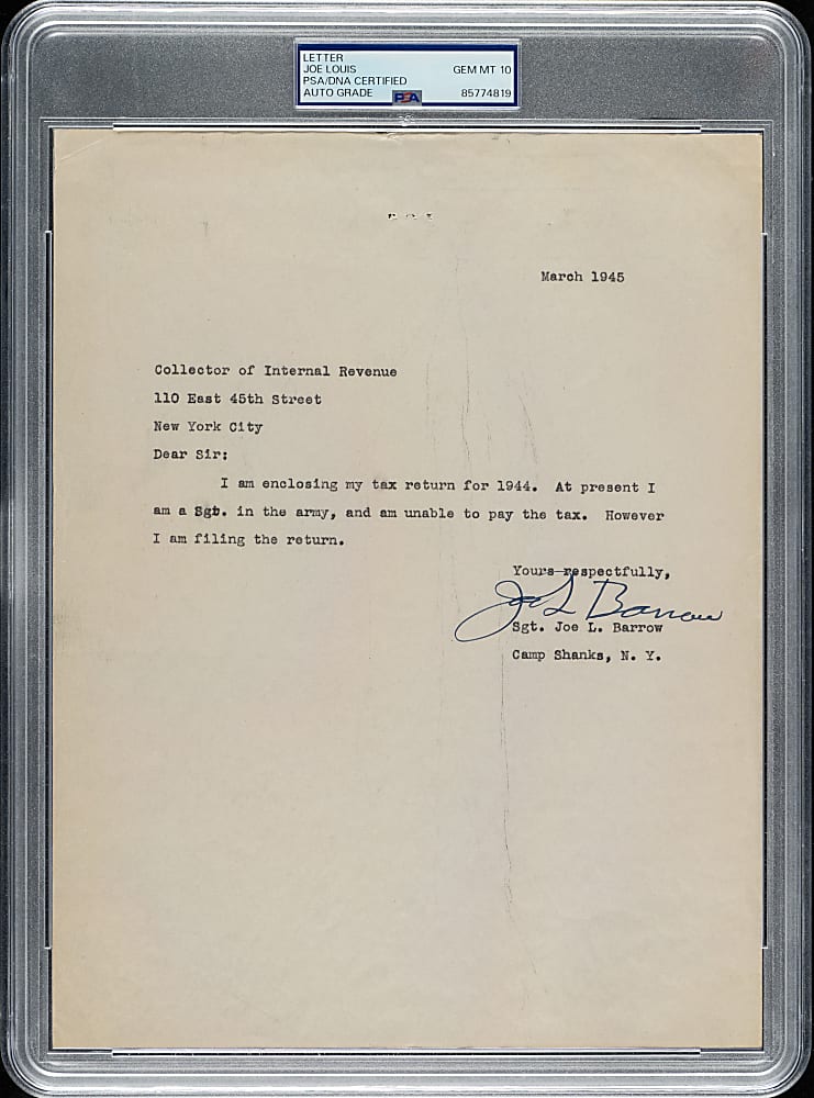 Significant 1945 Joe Louis Signed Letter - Signed Joe L. Barrow (Birth Name) - PSA/DNA GEM MINT 10