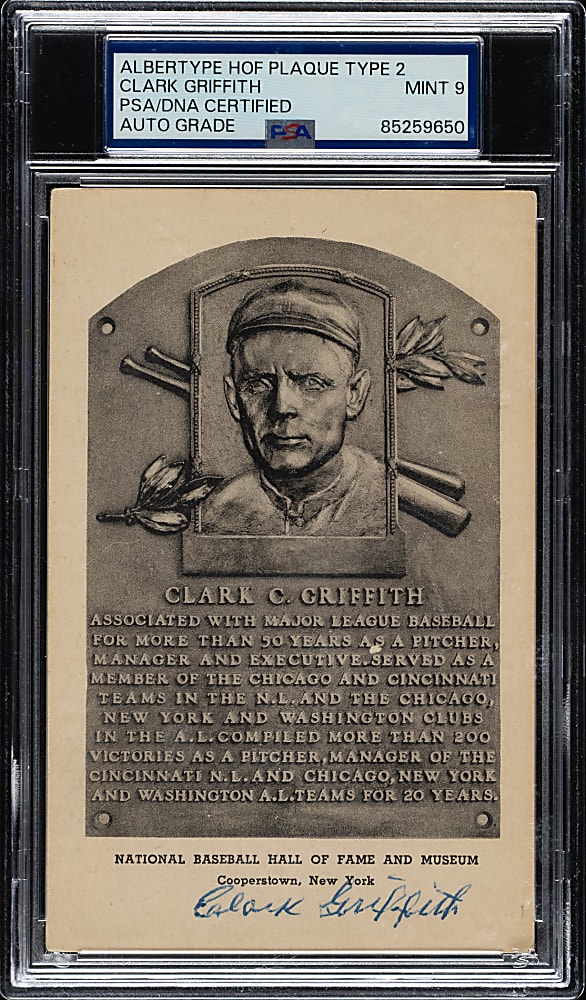Signed 1946-1952 Albertype (Type 2) Black-and-White Hall of Fame Postcard Clark Griffith PSA/DNA MINT 9